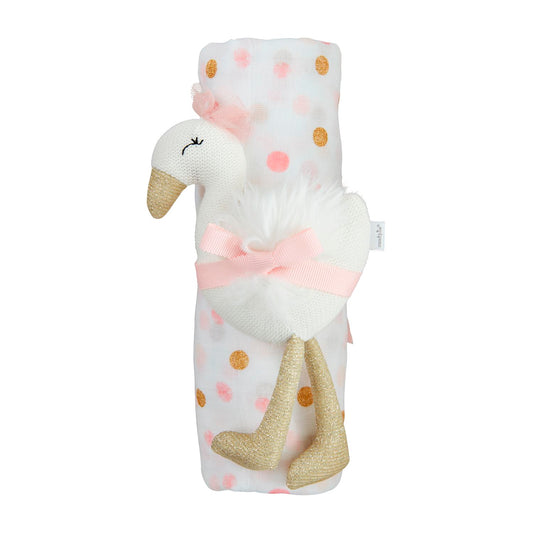 Pink & Gold Dot Swaddle & Goose Rattle Set