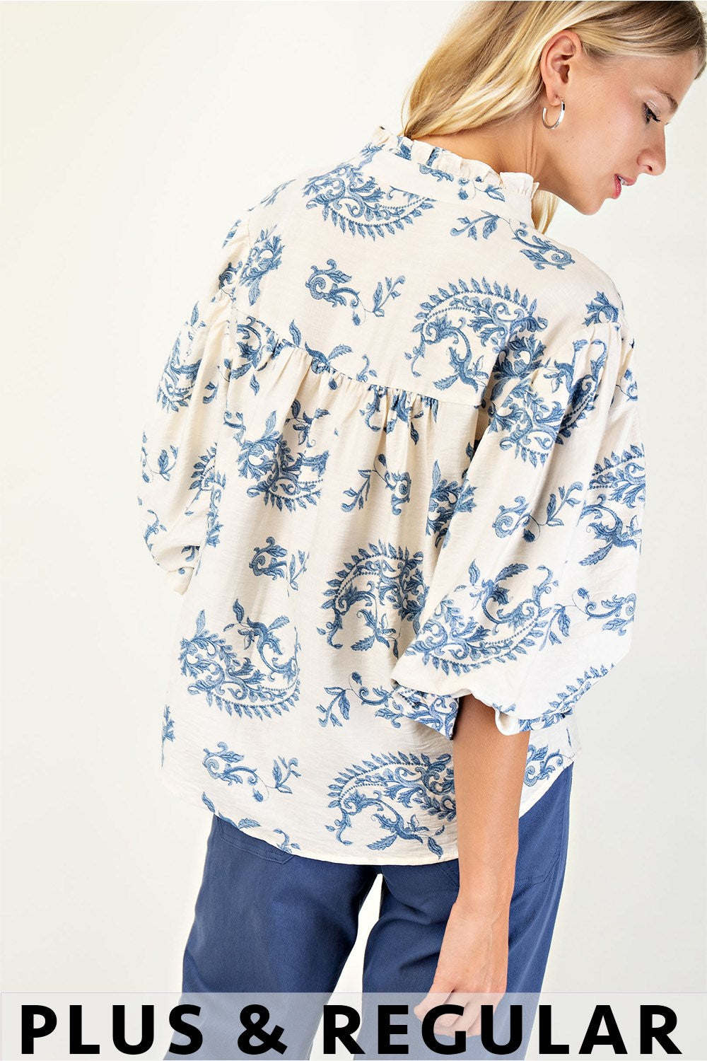 Blue Floral V-Neck 3/4 Sleeve Button Down Top