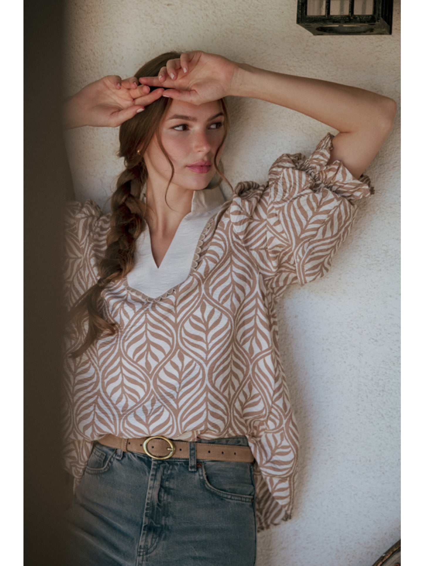 Jodifl Boho 3/4 Sleeve Top (Taupe)