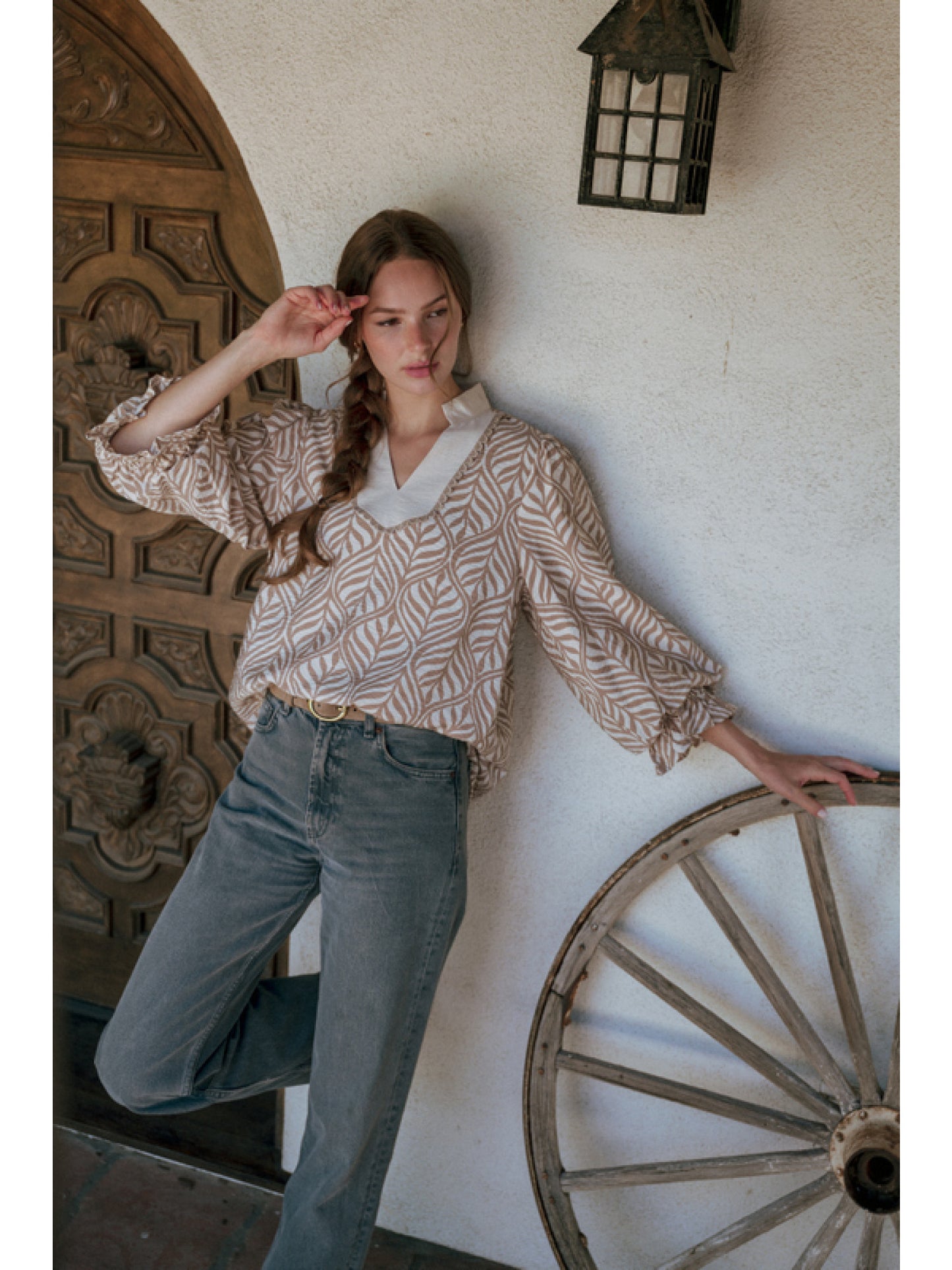 Jodifl Boho 3/4 Sleeve Top (Taupe)