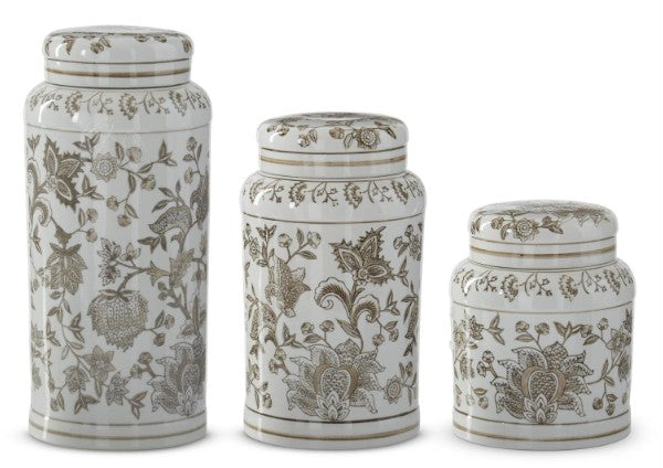 Taupe & White Porcelain Chinoiserie Lidded Jar ( 3 Sizes )