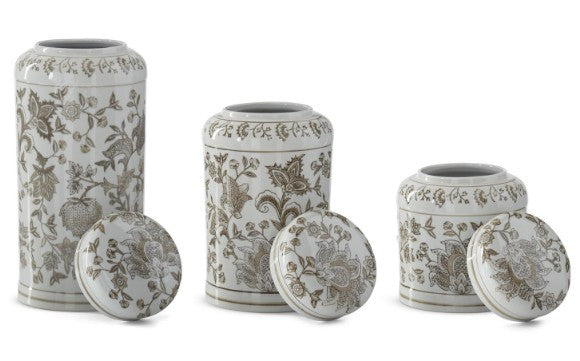 Taupe & White Porcelain Chinoiserie Lidded Jar ( 3 Sizes )