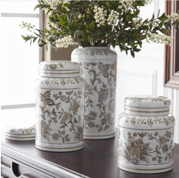 Taupe & White Porcelain Chinoiserie Lidded Jar ( 3 Sizes )