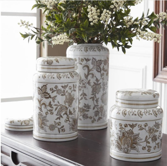 Taupe & White Porcelain Chinoiserie Lidded Jar ( 3 Sizes )