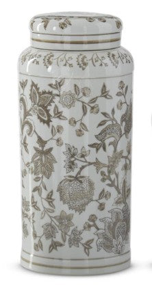 Taupe & White Porcelain Chinoiserie Lidded Jar ( 3 Sizes )