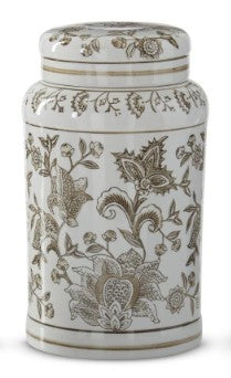 Taupe & White Porcelain Chinoiserie Lidded Jar ( 3 Sizes )