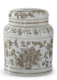 Taupe & White Porcelain Chinoiserie Lidded Jar ( 3 Sizes )