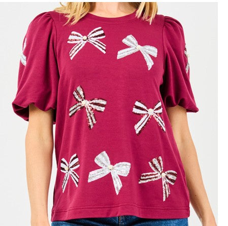 Tina Bows Sequins Top ( Maroon )