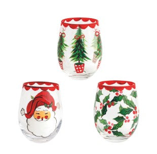 Hand-Painted Holiday Stemless Wine Glasses ( 3 Designs )