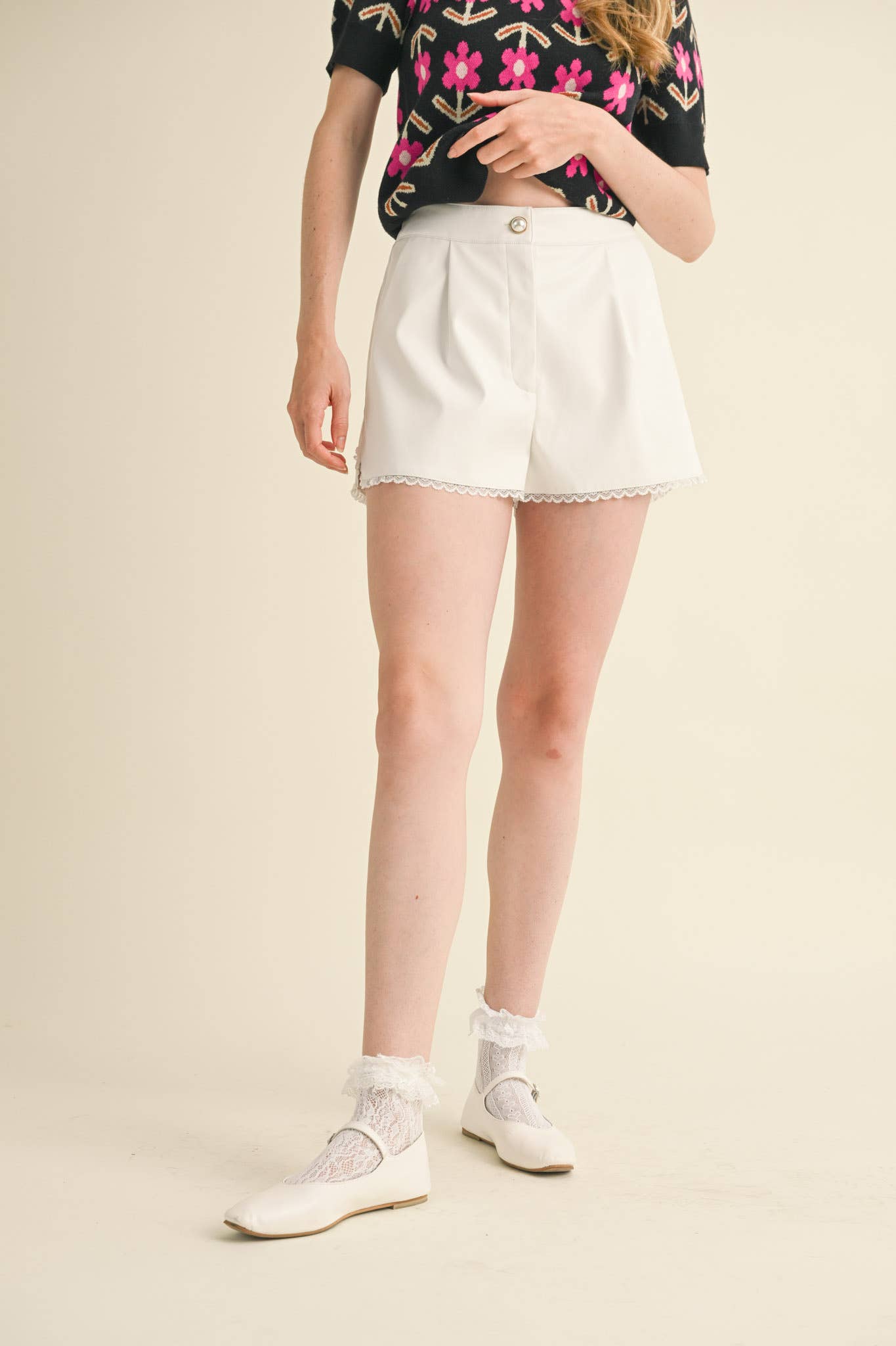 BLACK FAUX LEATHER LACE TRIM SHORTS