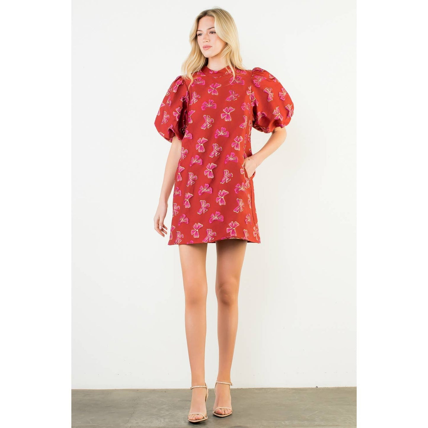 Puff Sleeve Embroidered Bows Dress (XS-L)