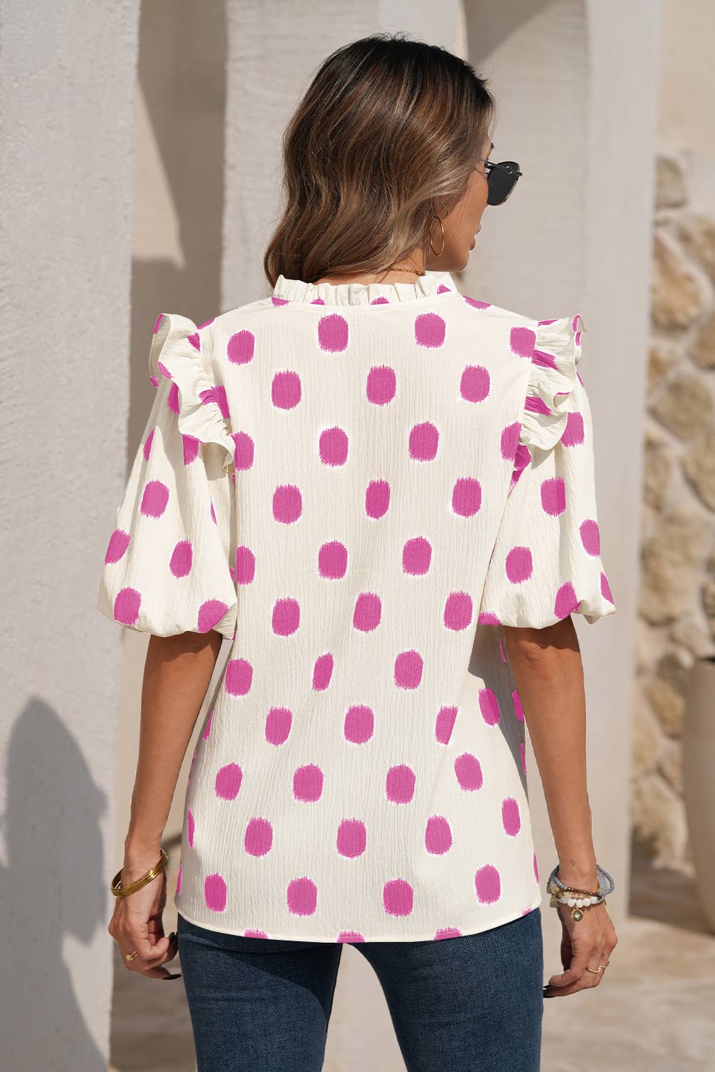 Polka Dot Print Notched Neck Ruffled Shirred Blouse