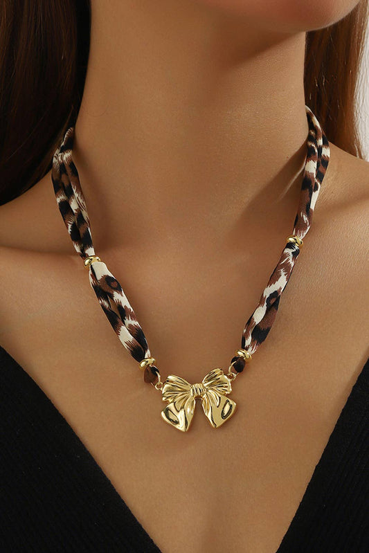 Plated Bow Charm Leopard Ribbon Necklace
