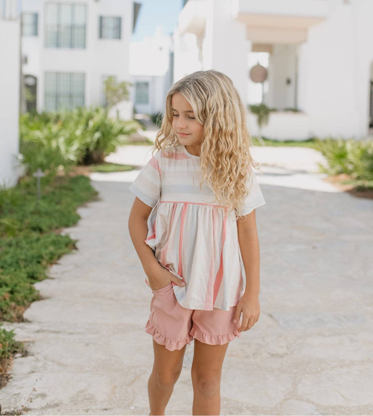 Girls Sand & Blush Stripe Pocket Ruffle Summer Short Set