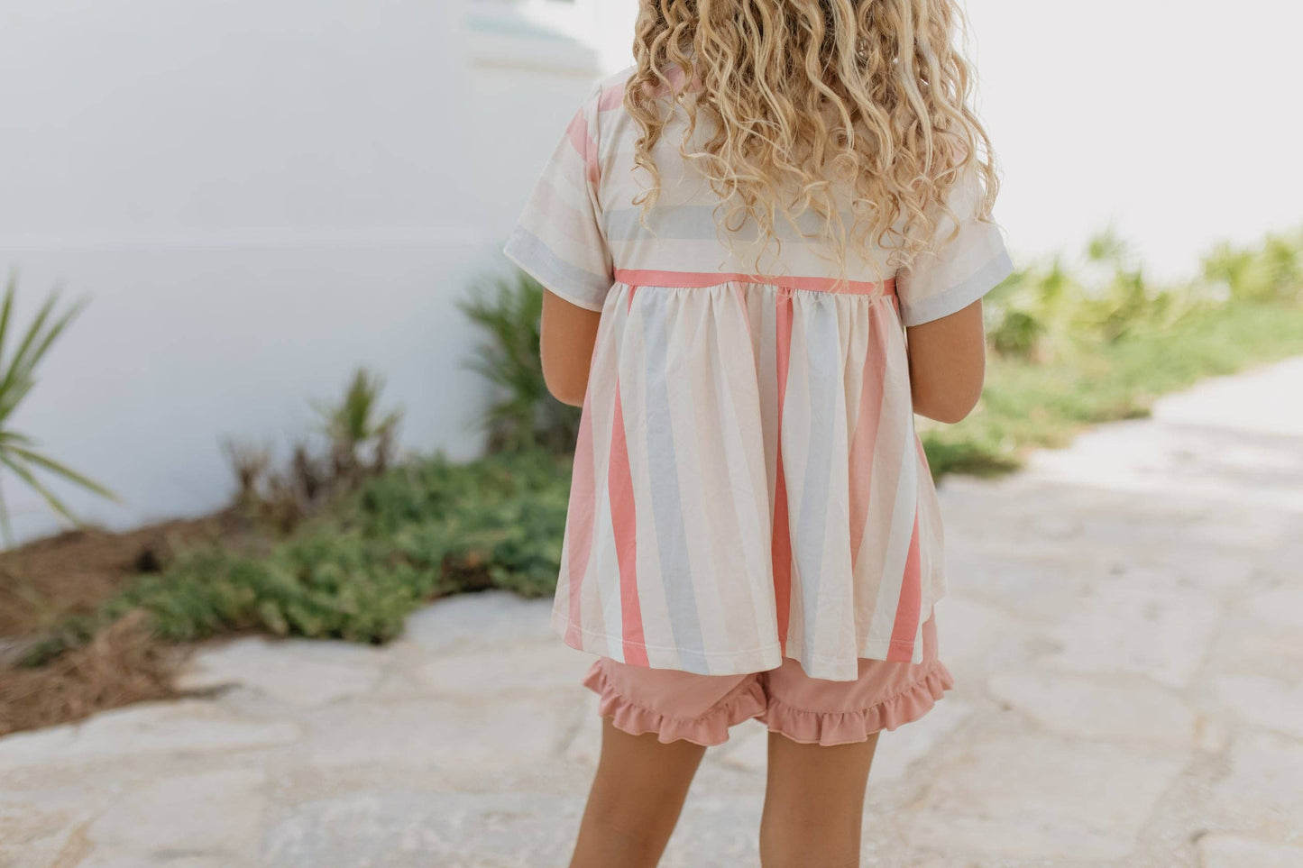 Girls Sand & Blush Stripe Pocket Ruffle Summer Short Set