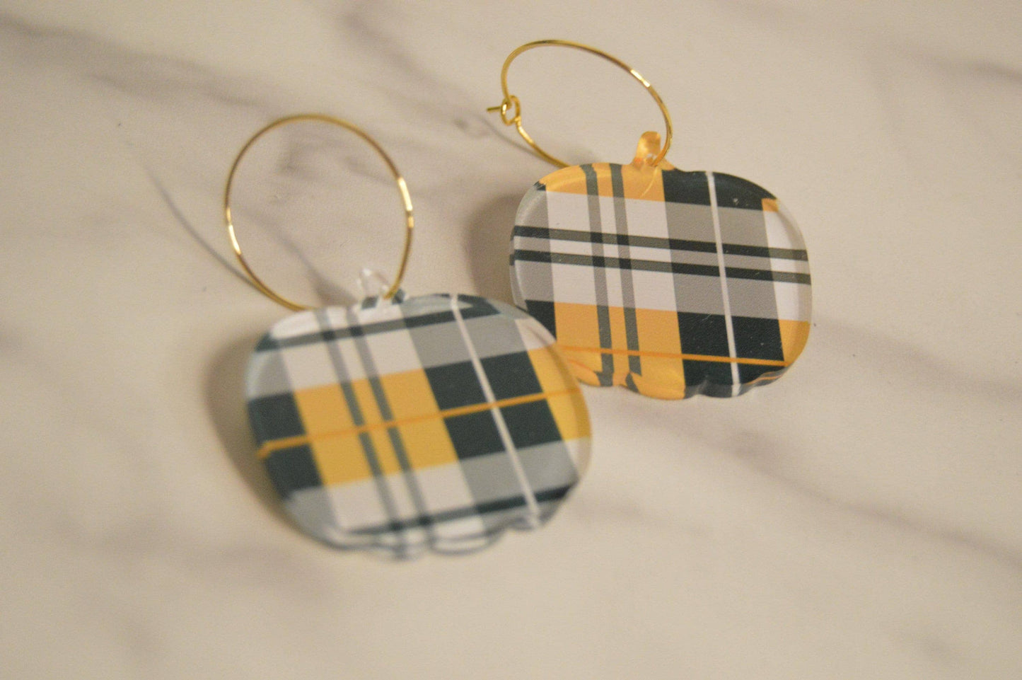 Pumpkin Earrings, Earrings, Fall Earrings, Dangle Earrings, Acrylic Earrings, Designer Plaid Earrings, Gifts for Her, Autumn Earrings