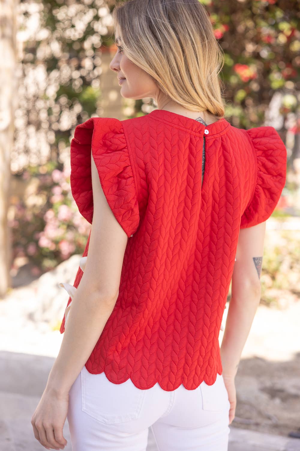 Red Twill Tape Tie Detailed Textured Knit Top
