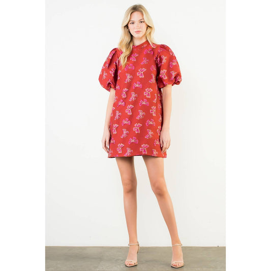 Puff Sleeve Embroidered Bows Dress (XS-L)