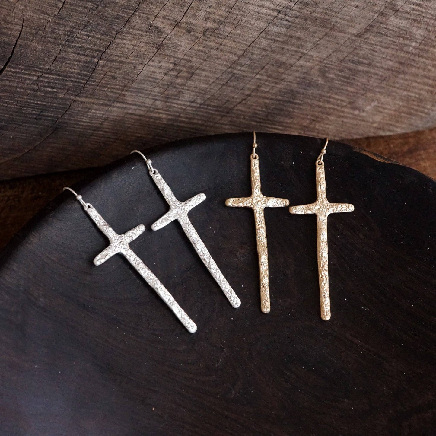 Primitive Cross Earrings Dangle Drop in Gold or Silver