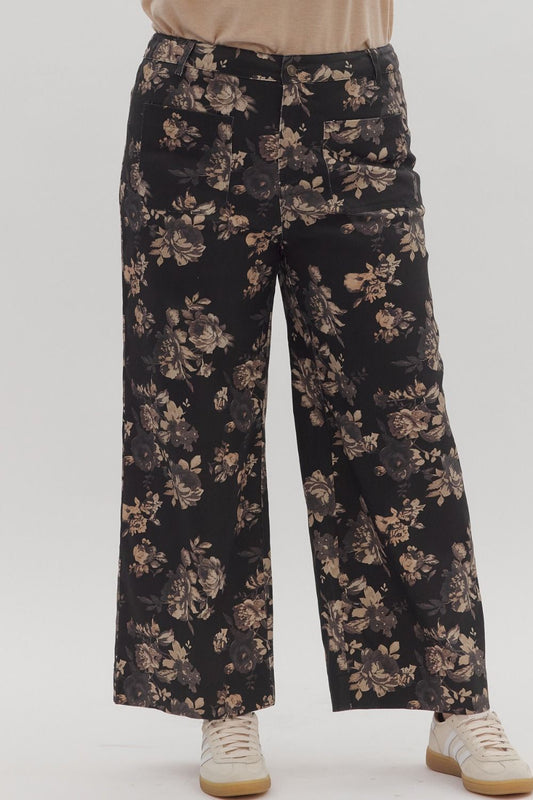 Black Denim Floral Print Plus Pants ( XL - 2X )