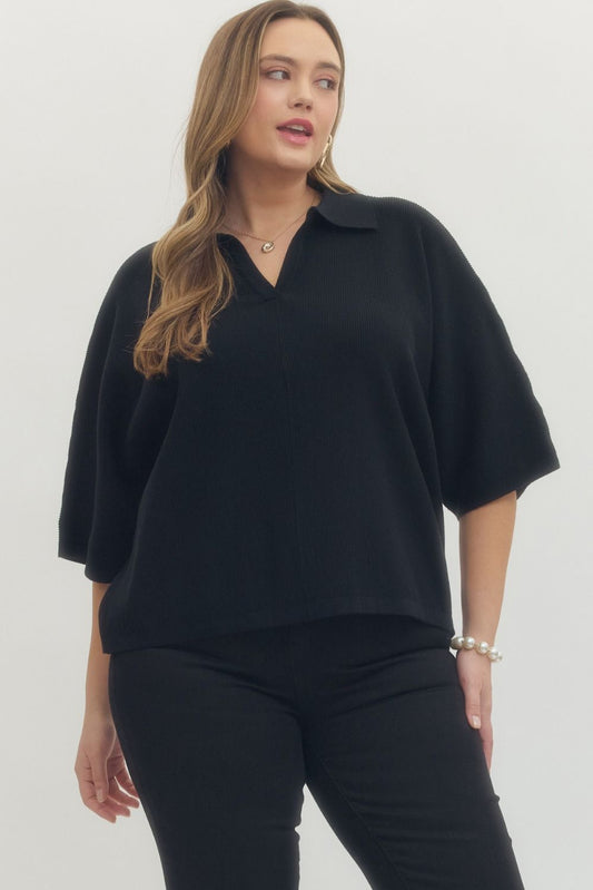 Solid 3/4 Sleeve Fall Plus Size Top ( XL - 2X ) Black or Stone