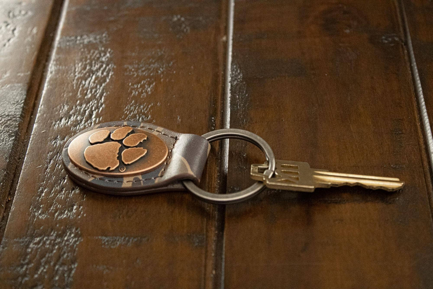 Tigers Oval Camo Leather Key Fob.