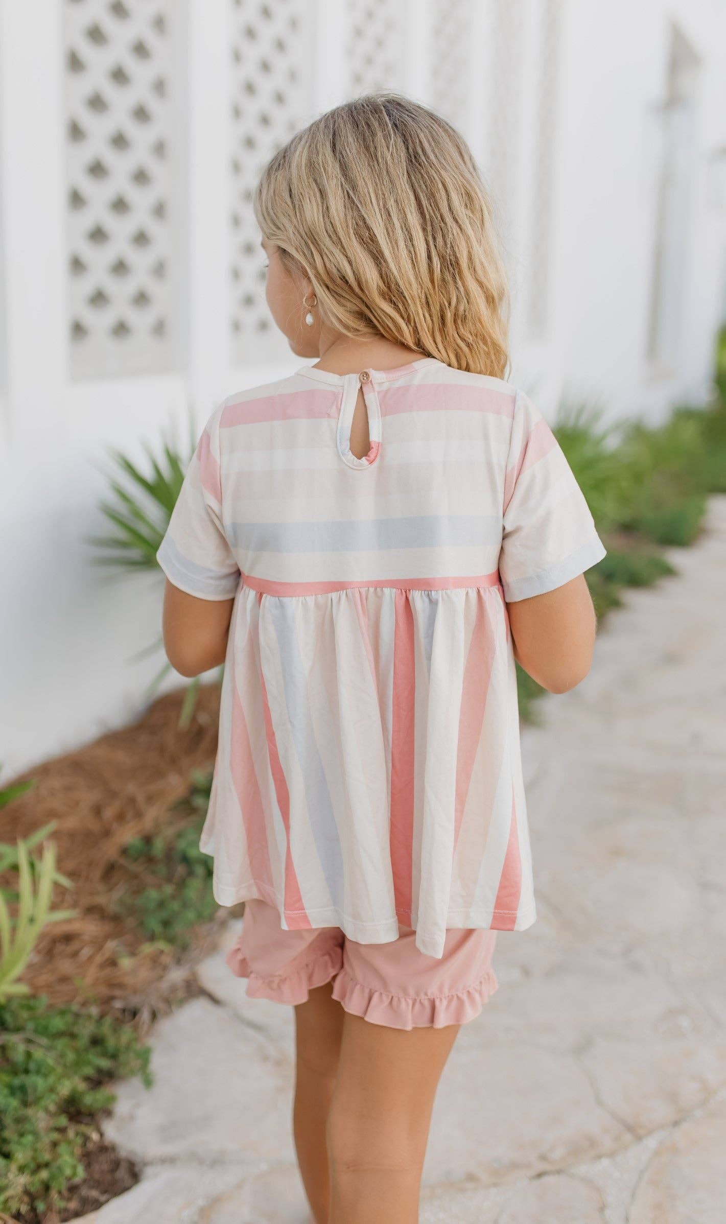 Girls Sand & Blush Stripe Pocket Ruffle Summer Short Set