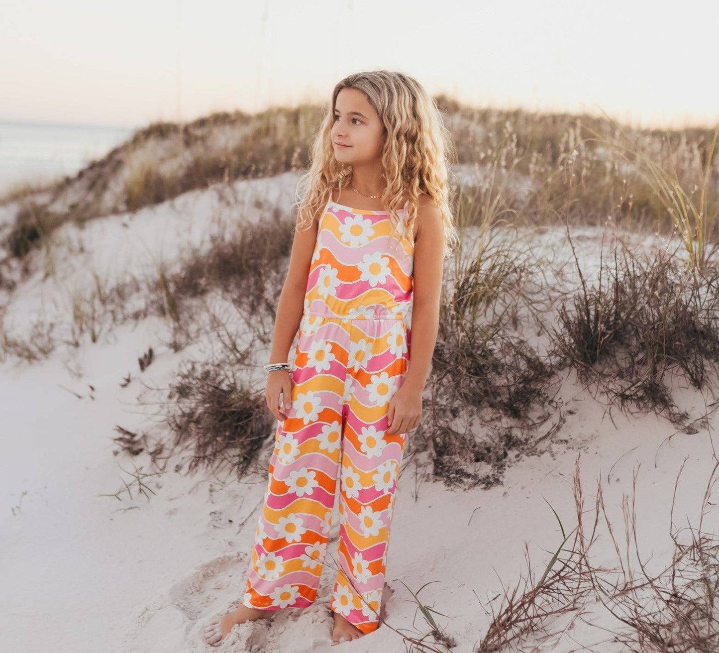 Girls Tangerine & Pink Retro Floral Jumpsuit With Pockets (7-12)