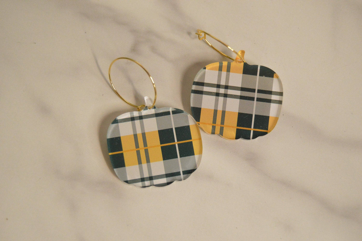 Pumpkin Earrings, Earrings, Fall Earrings, Dangle Earrings, Acrylic Earrings, Designer Plaid Earrings, Gifts for Her, Autumn Earrings