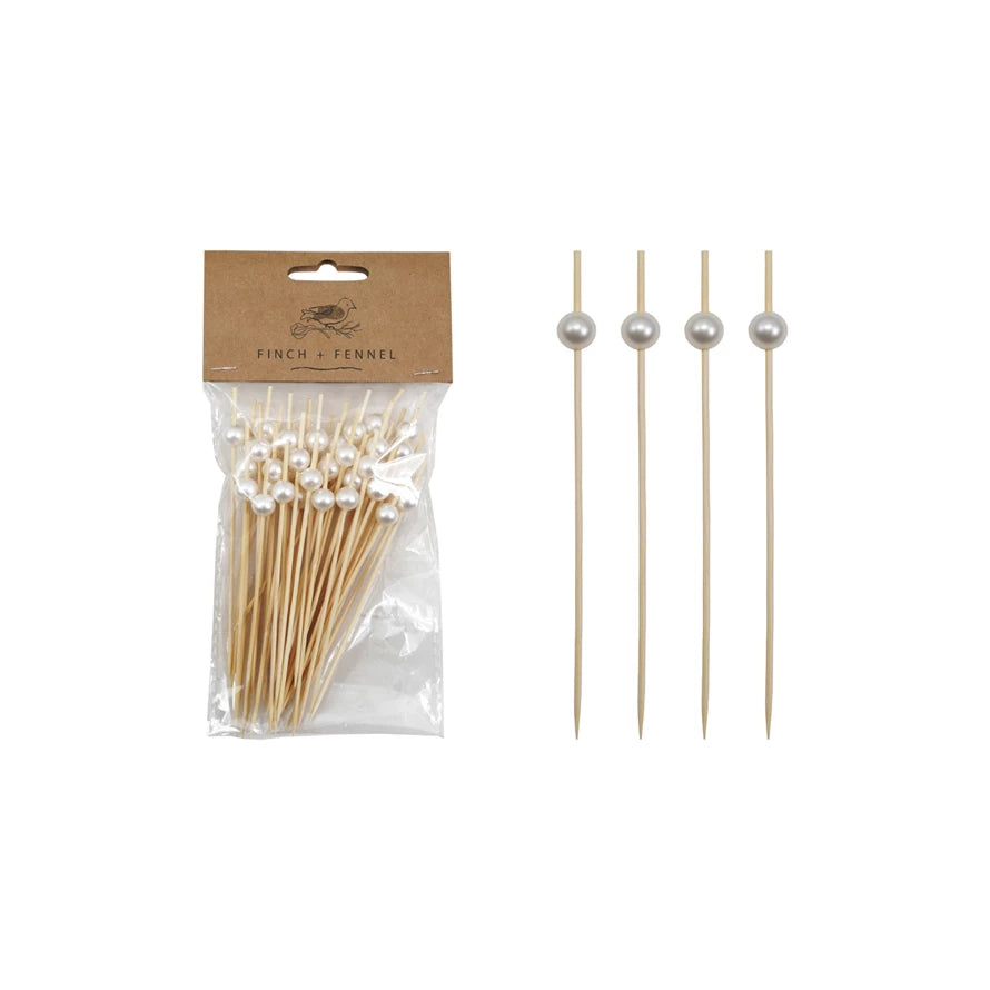 Bamboo Single Use Cocktail Picks w/ Faux Pearl Handles
