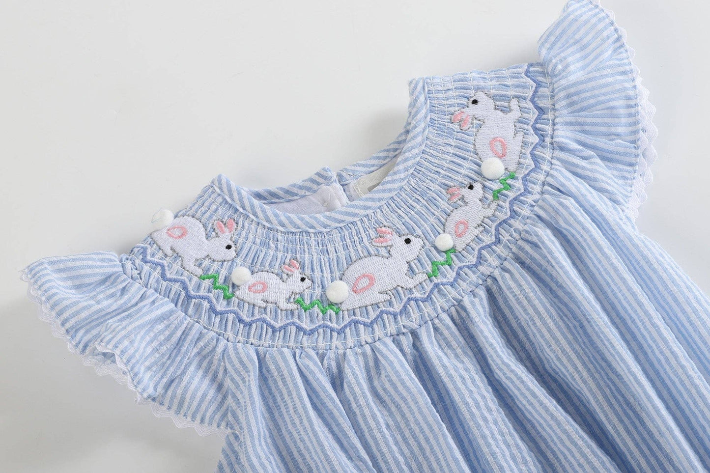 Blue Seersucker Bunny Smocked Flutter Romper
