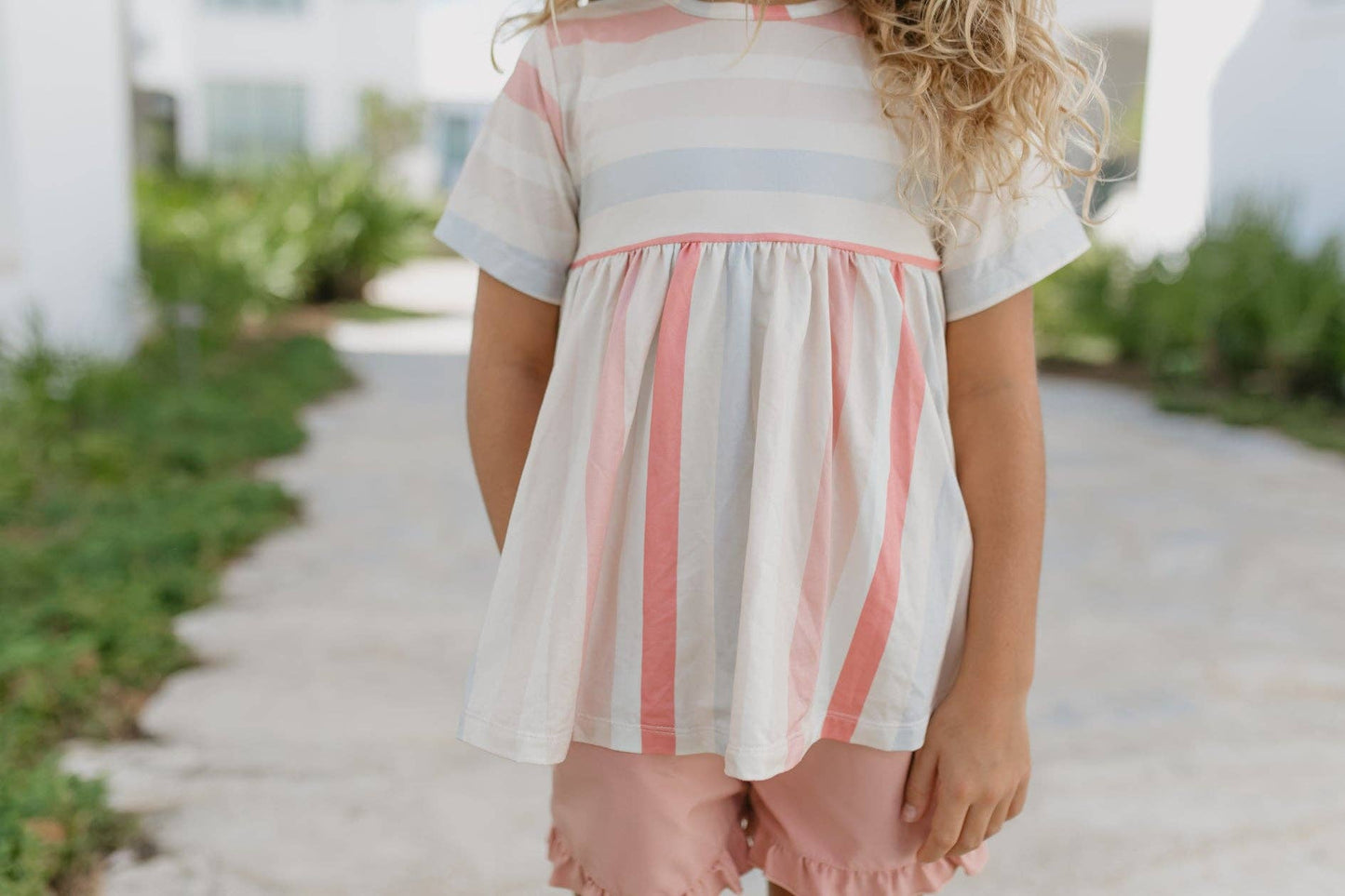 Girls Sand & Blush Stripe Pocket Ruffle Summer Short Set