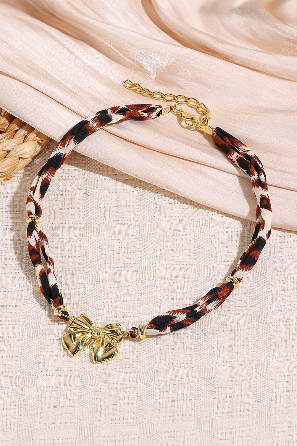 Plated Bow Charm Leopard Ribbon Necklace