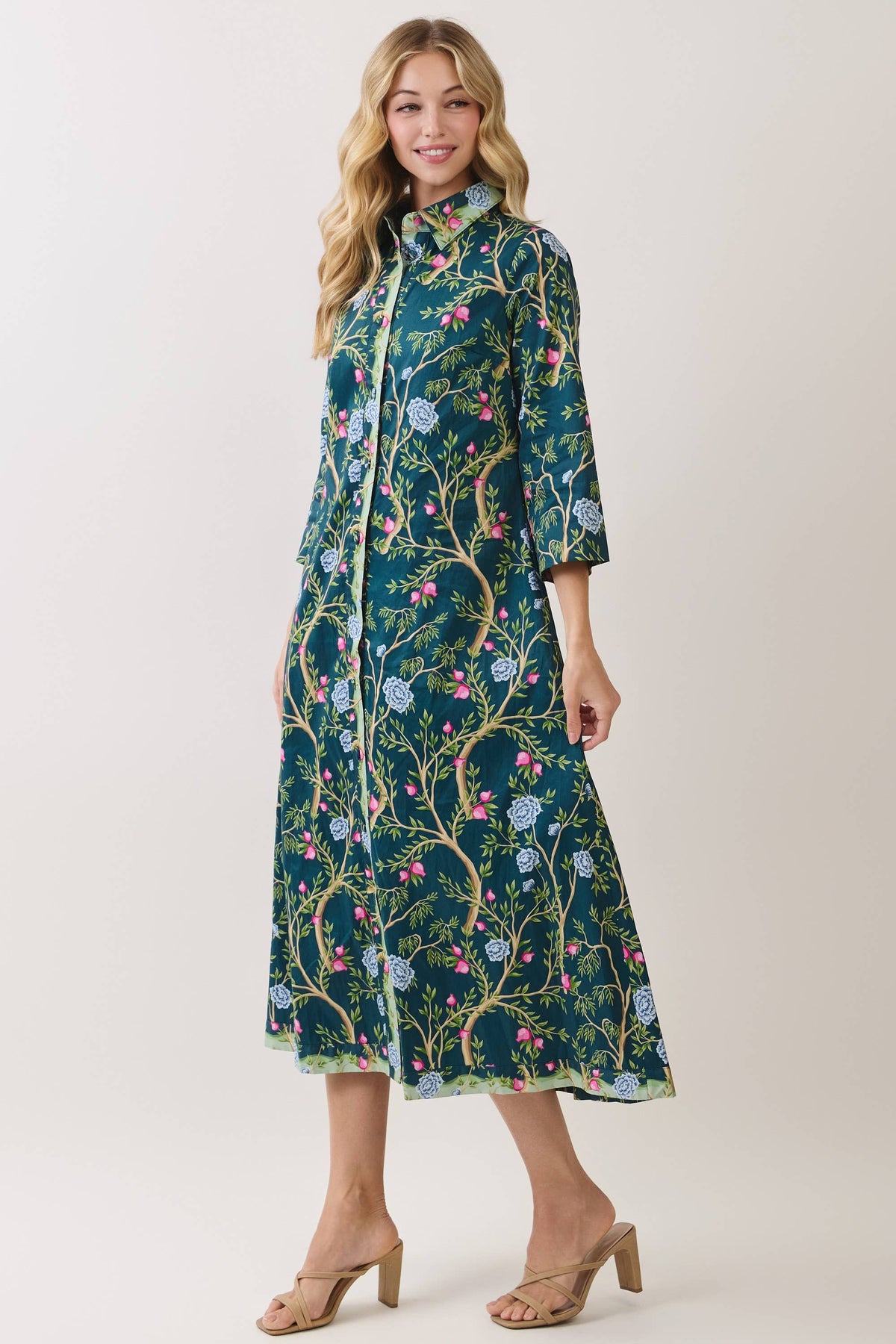 The Beverly Botanical Print Button Front Fall Midi Dress