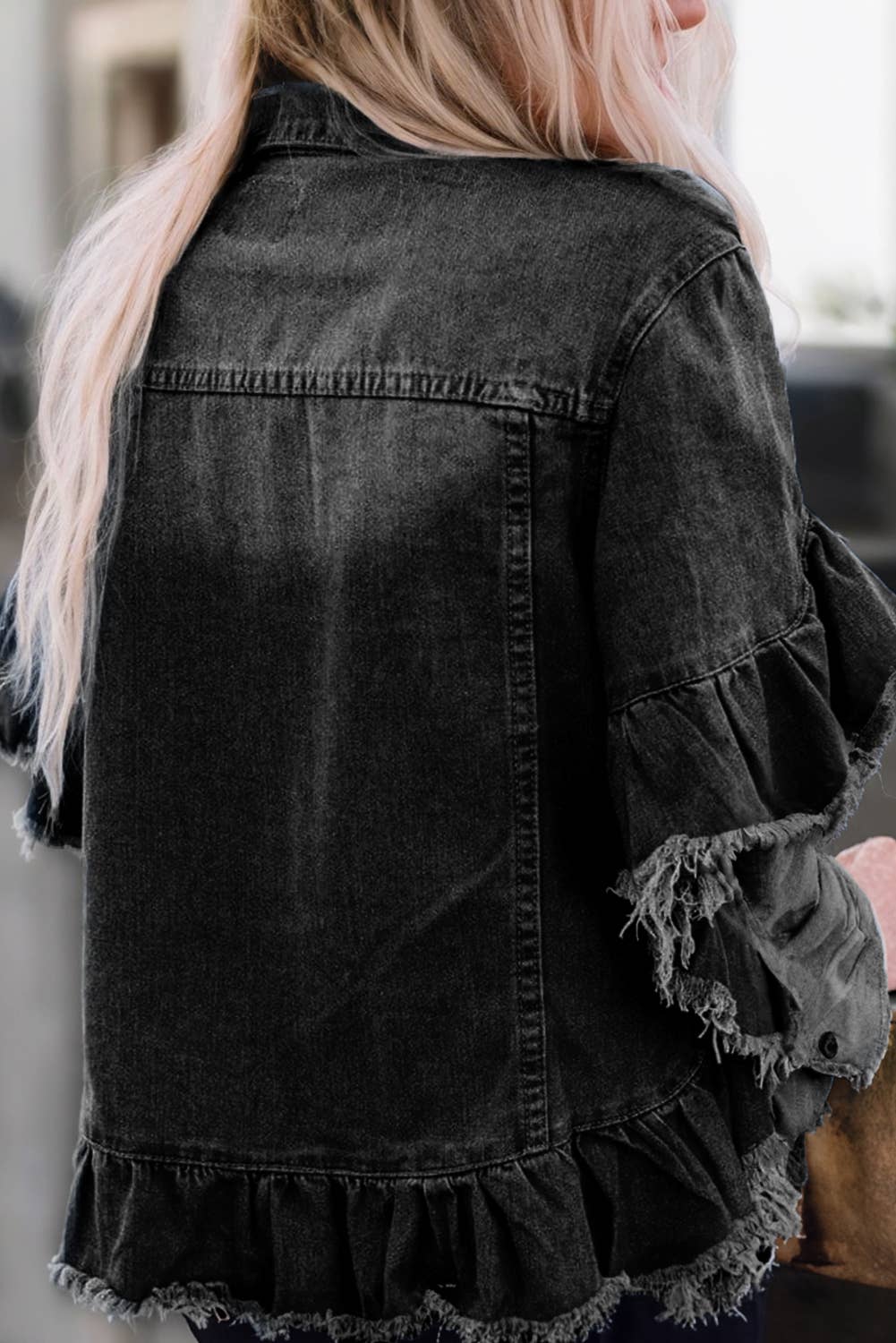 Raw Edge Ruffled Short Sleeve Denim Jacket | S-XL