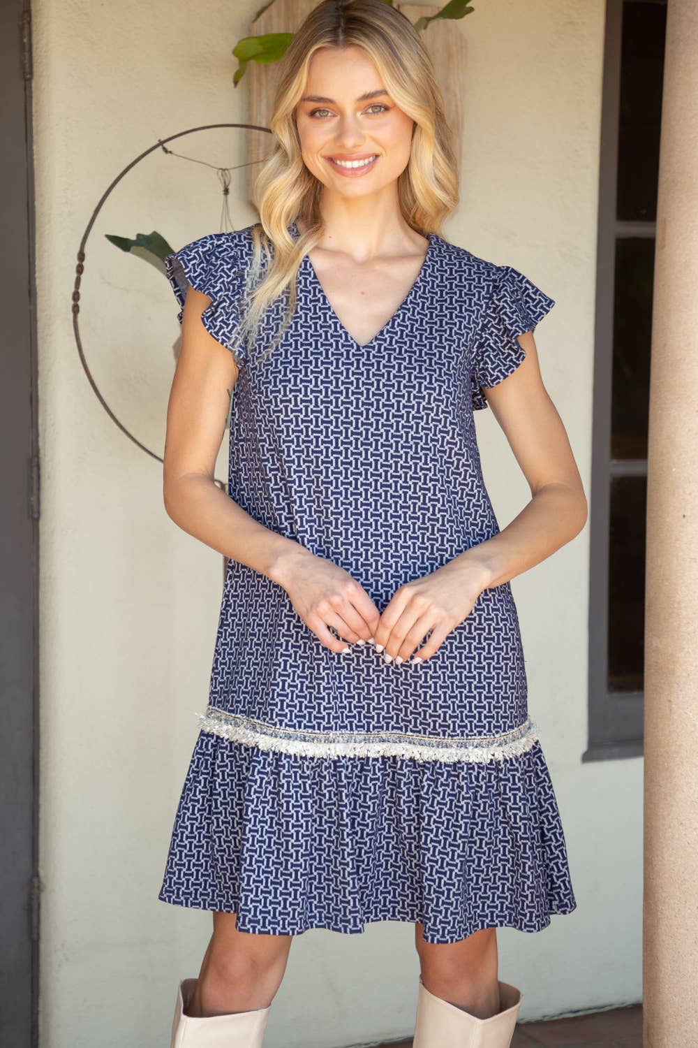 Trim Detailed Ruffle Hem V Neck Shift Dress