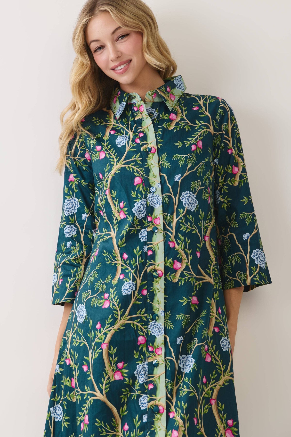 The Beverly Botanical Print Button Front Fall Midi Dress