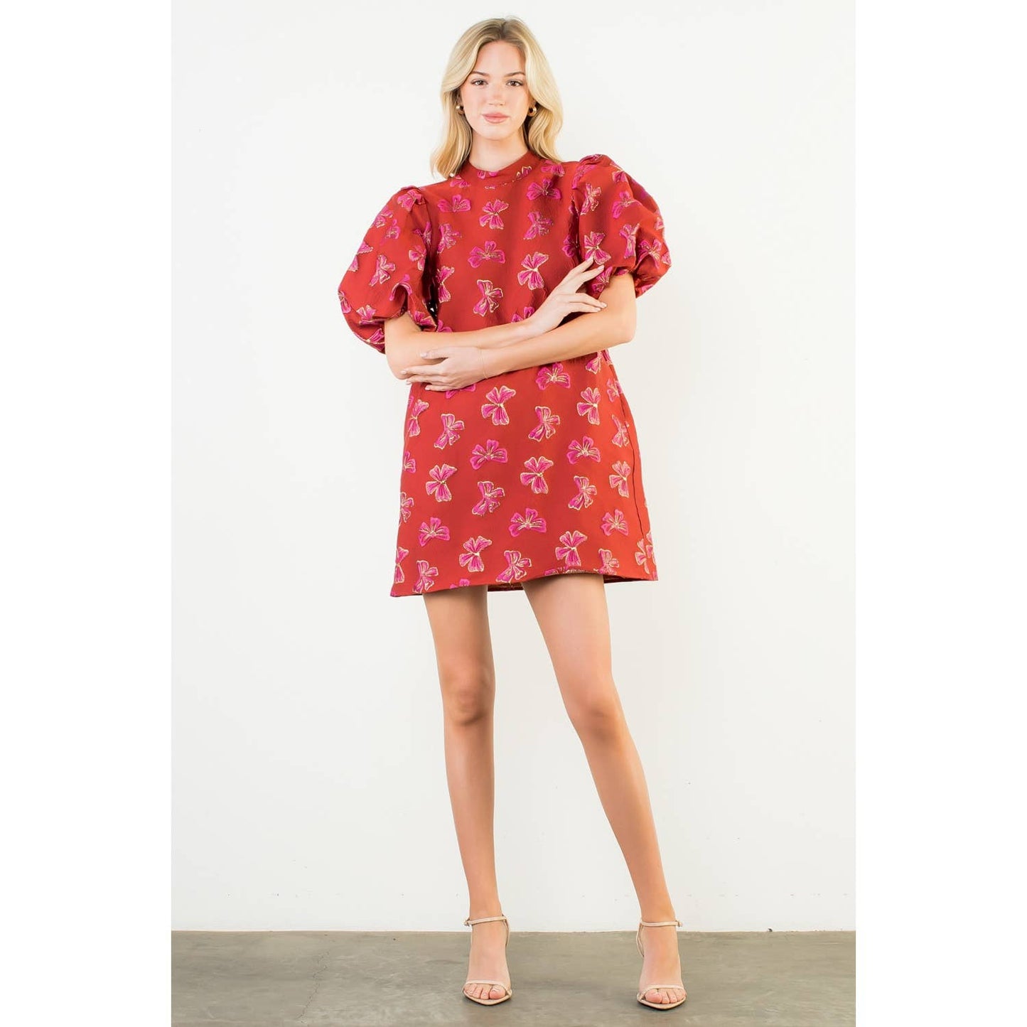 Puff Sleeve Embroidered Bows Dress (XS-L)