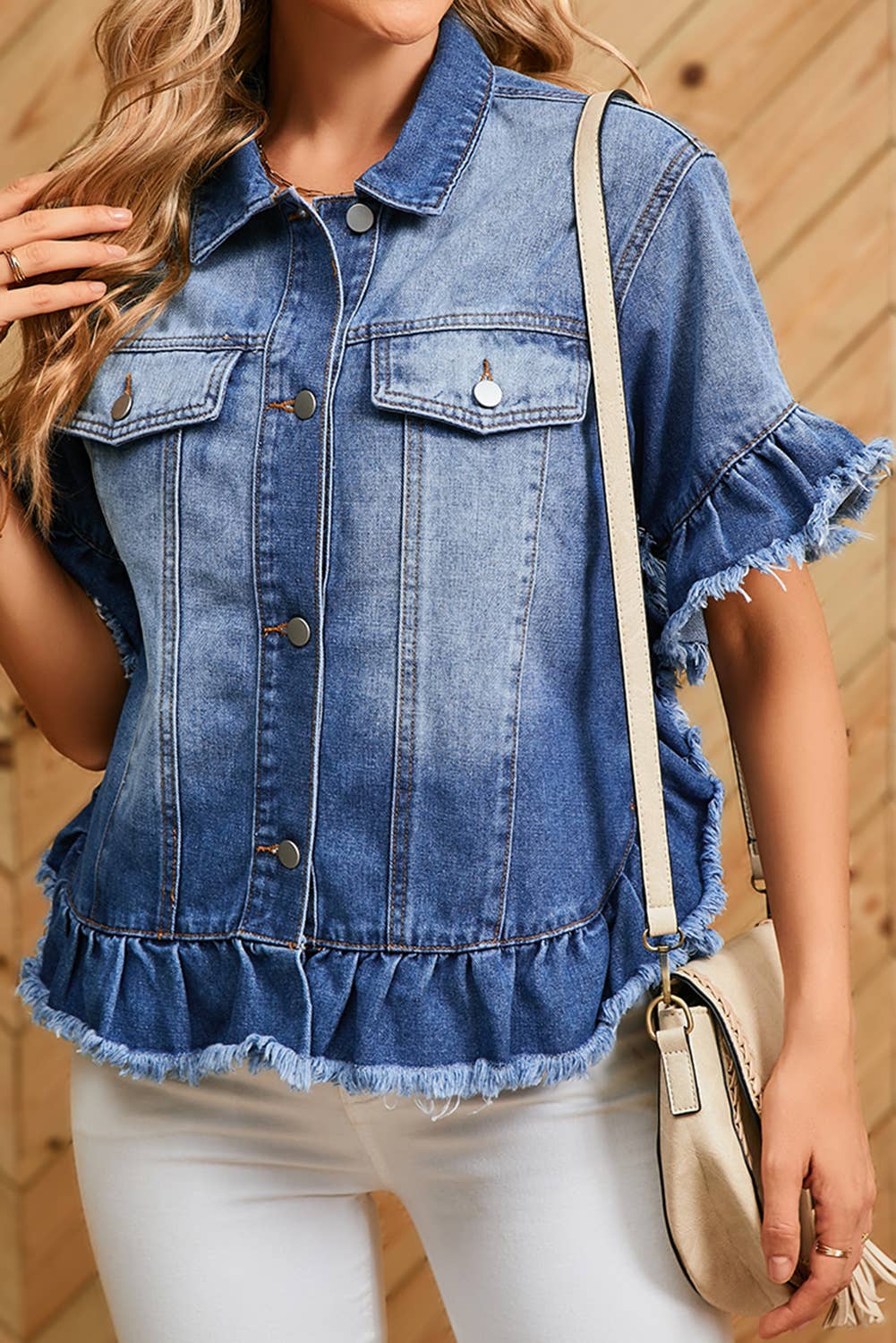 Raw Edge Ruffled Short Sleeve Denim Jacket | S-XL