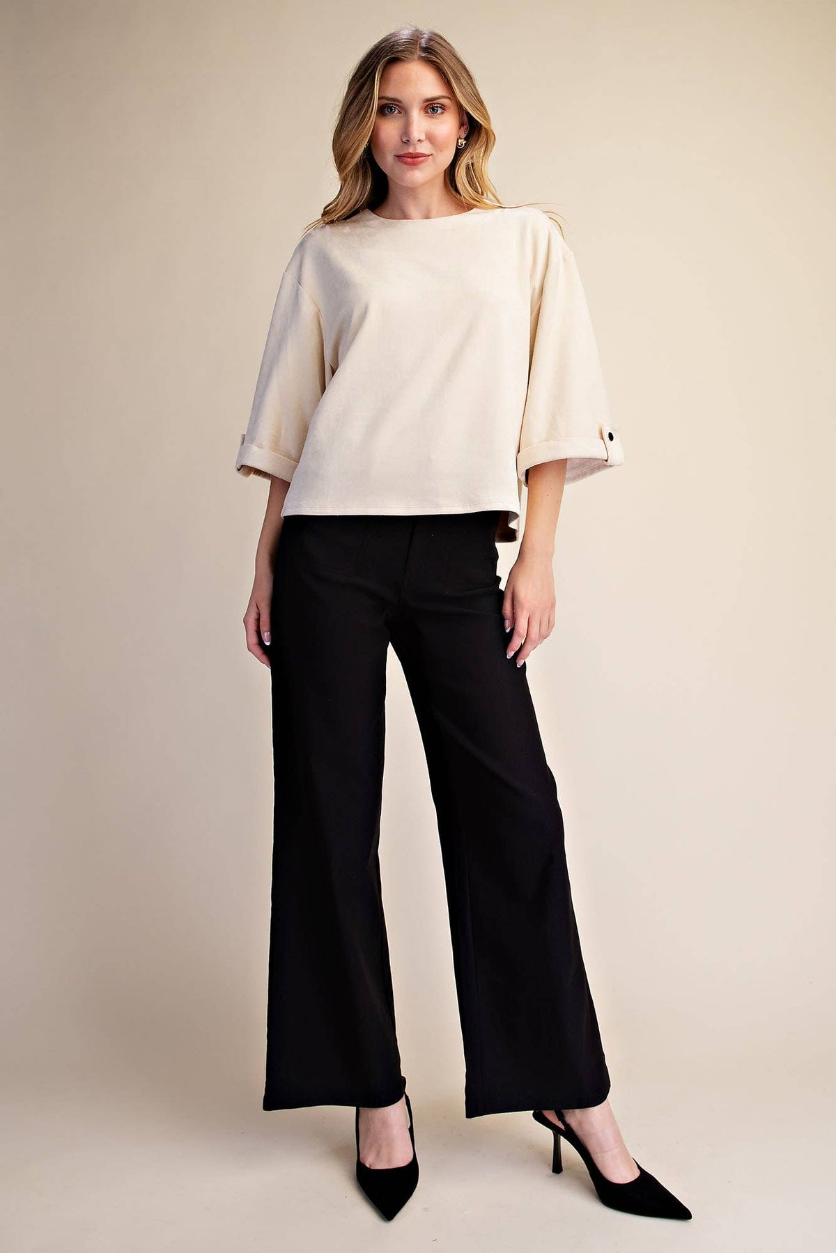 The Sienna Ivory Suede Wide Sleeve Cuff Top