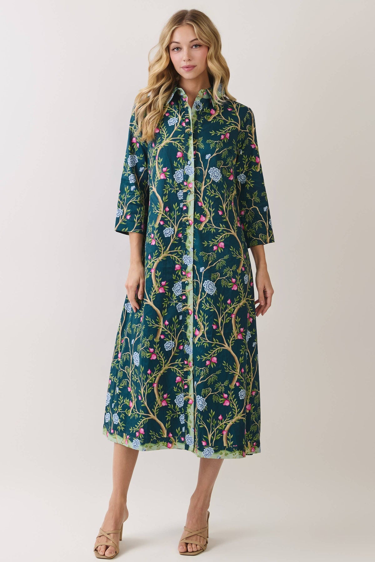 The Beverly Botanical Print Button Front Fall Midi Dress