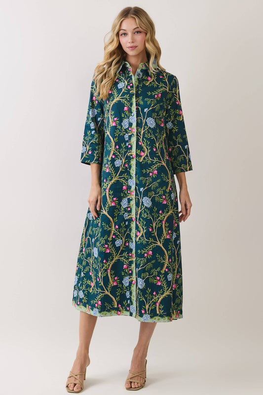 The Beverly Botanical Print Button Front Fall Midi Dress