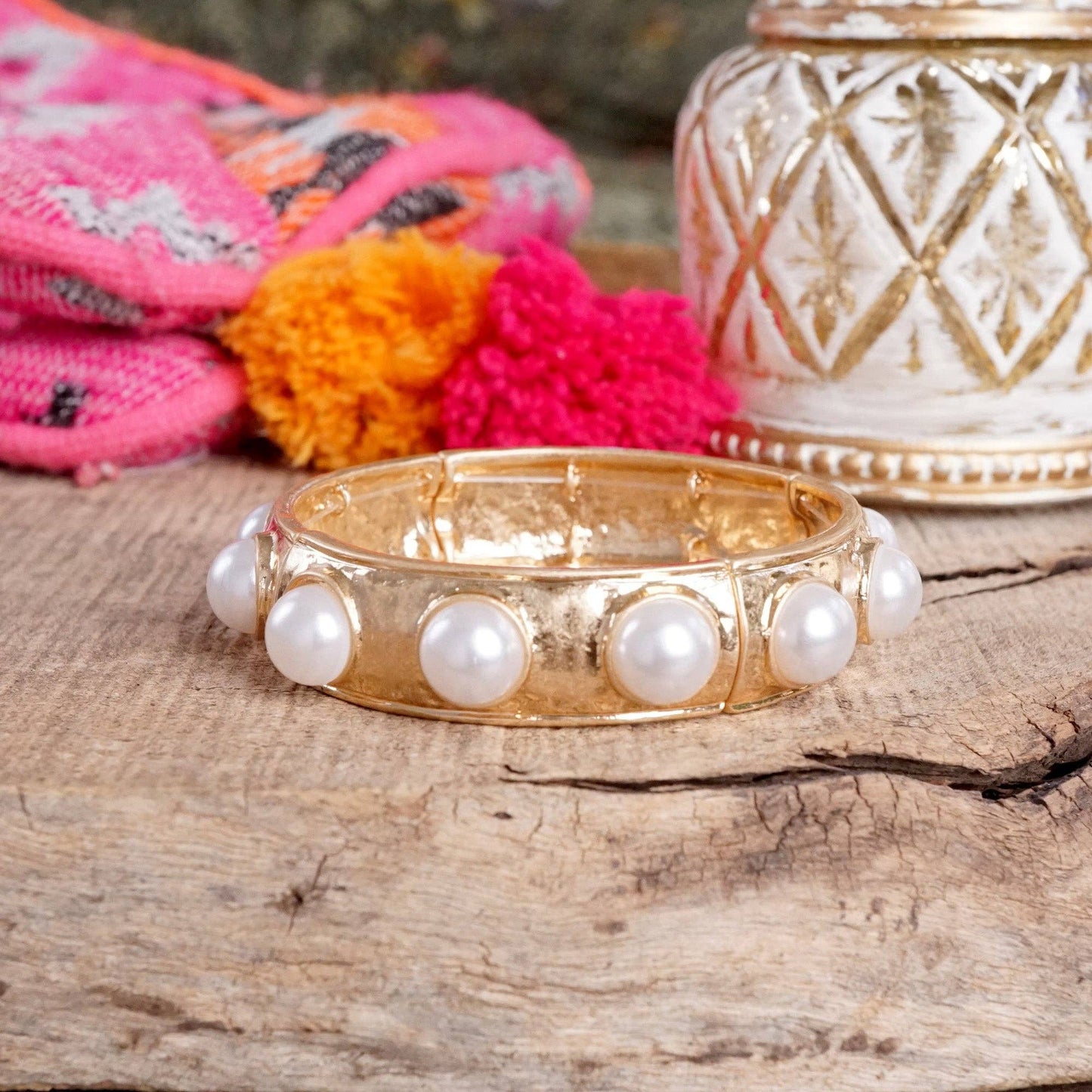 Eternity Statement Bangle Gold Tone and Pearl