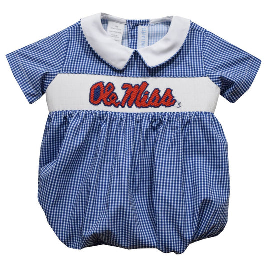 Ole Miss Rebels Smocked Navy Gingham Short Sleeve Boy Bubble