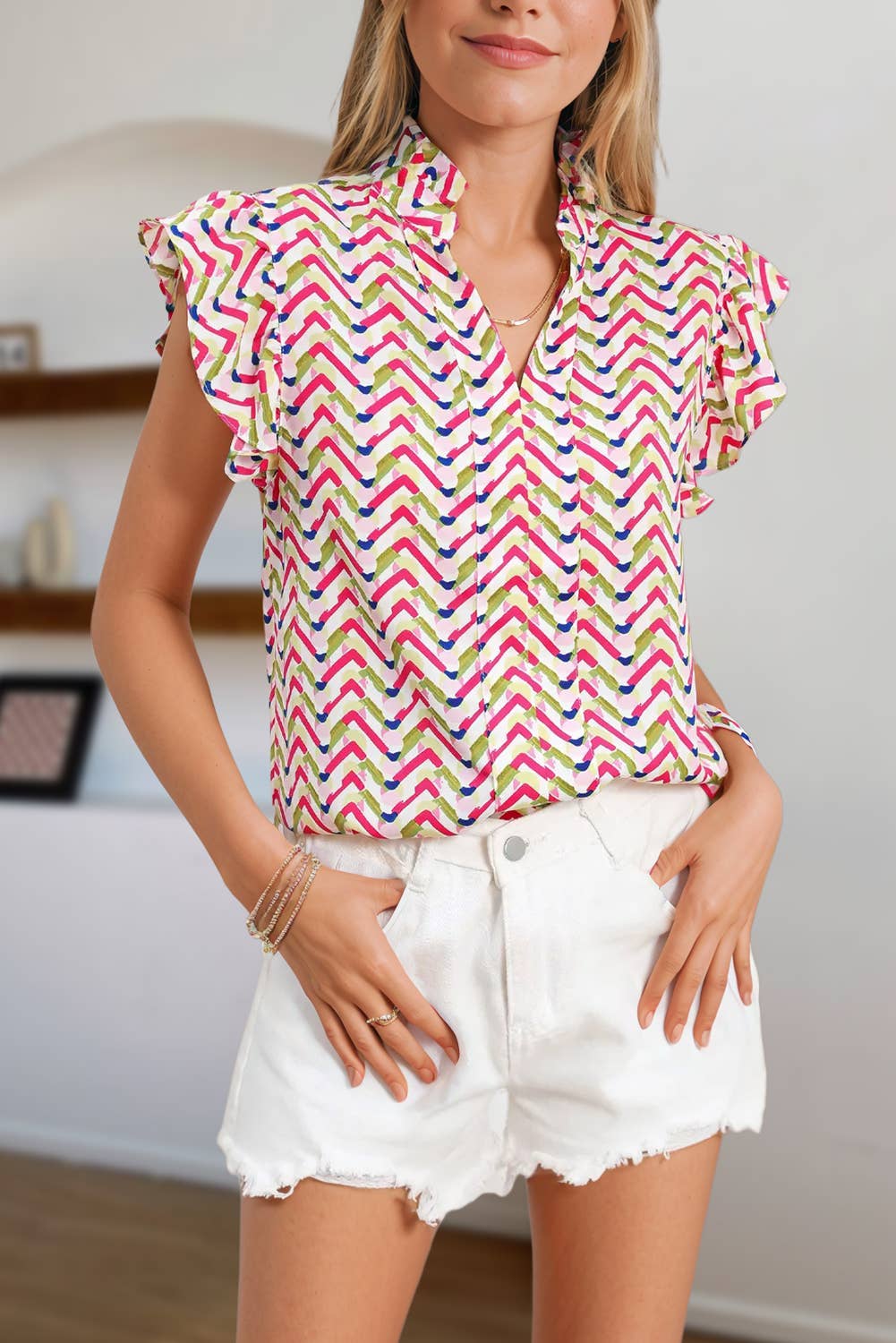 Chevron Print Ruffled Sleeve Blouse | S-XL