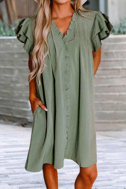 Ruffle Sleeve V Neck Frilled Shift Dress