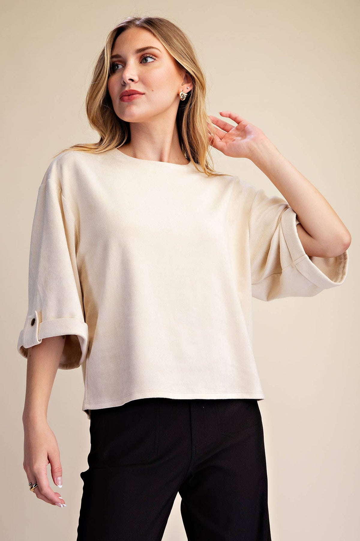 The Sienna Ivory Suede Wide Sleeve Cuff Top