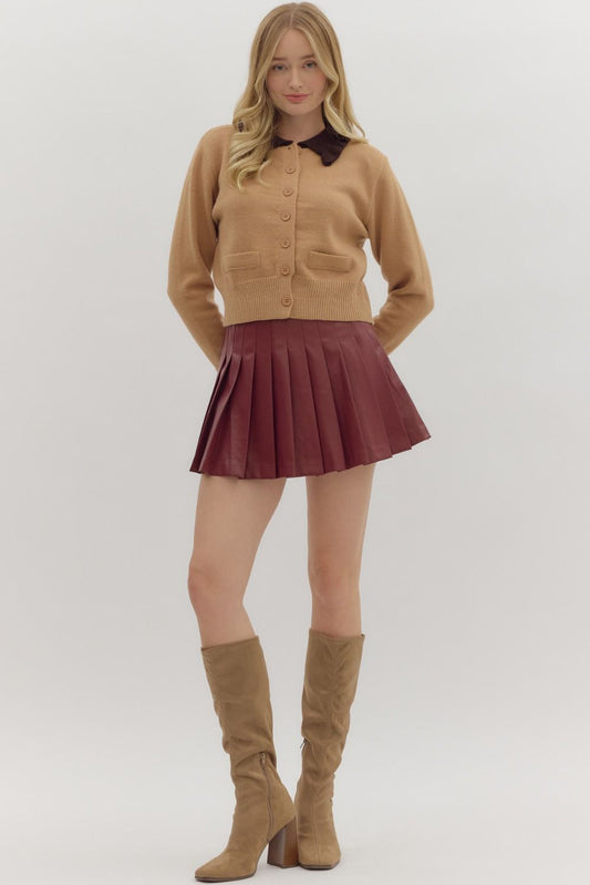 Faux Leather Burgundy Pleated Skirt