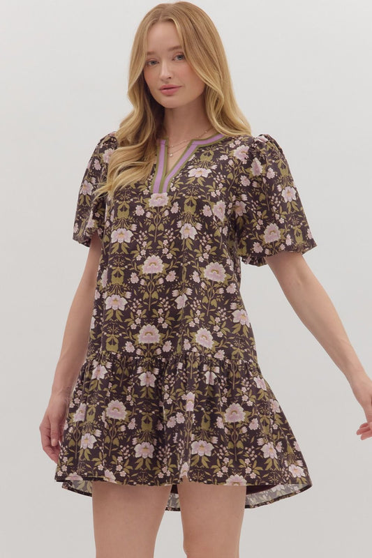 Fall Botanical Short Sleeve Mini Dress