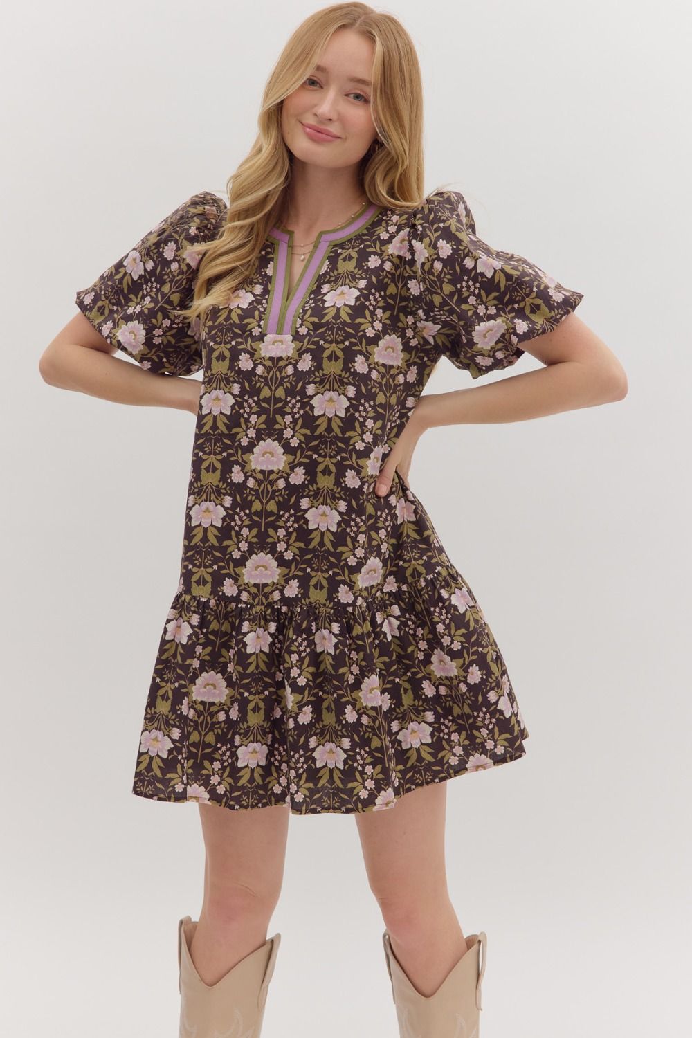 Fall Botanical Short Sleeve Mini Dress